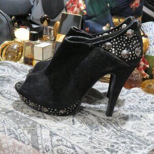 BOGO Black suede Embellished rhinestones studs Peep toe booties ankle boots 7.5